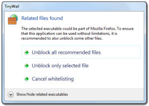 A dialog recommending related executables to whitelist